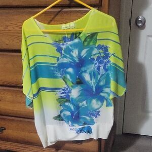 Cato Lime Green & Blue Floral Dolman Tunic